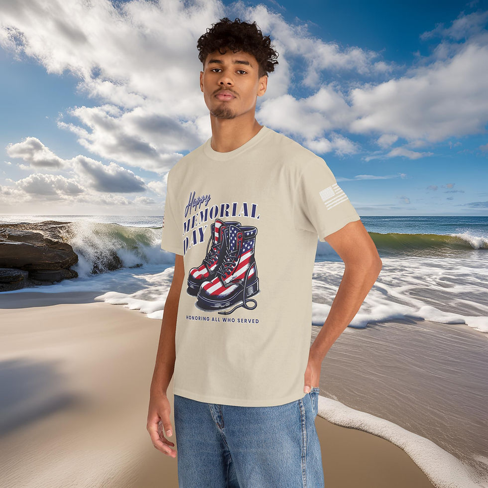 Young man wearing a Tan tee shirt with military boots with an American flag design Happy Memorial Day beach background
