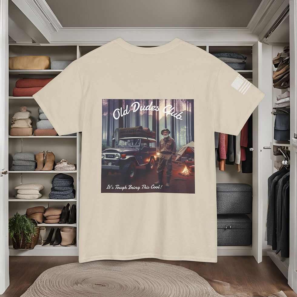 tan tee shirt with a camping forrest scene with a blue Toyota Land Cruiser and an older dude standing next the FJ40