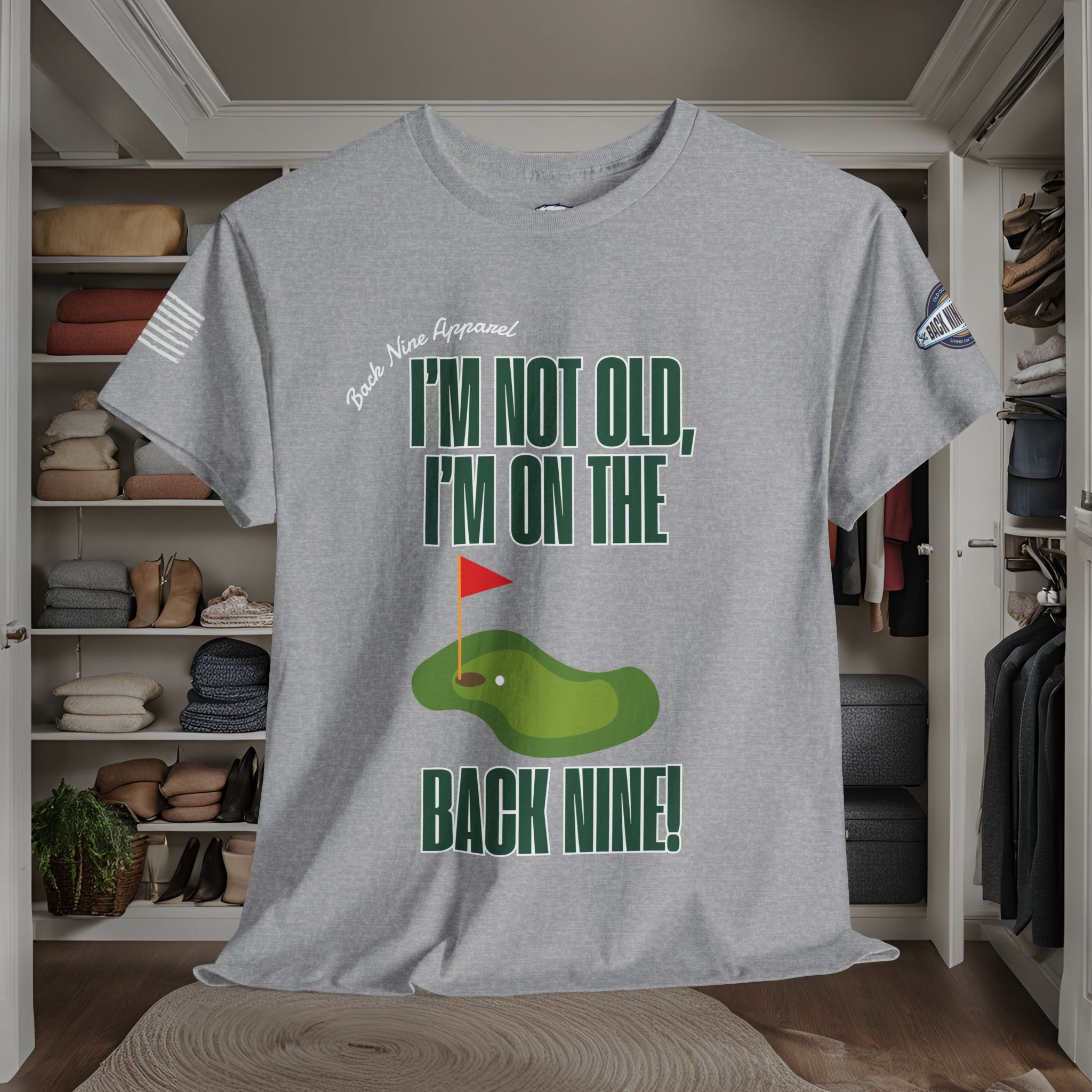 gray tee shirt with I'm Not Old I'm on The Back Nine printed in green and a small golf whole