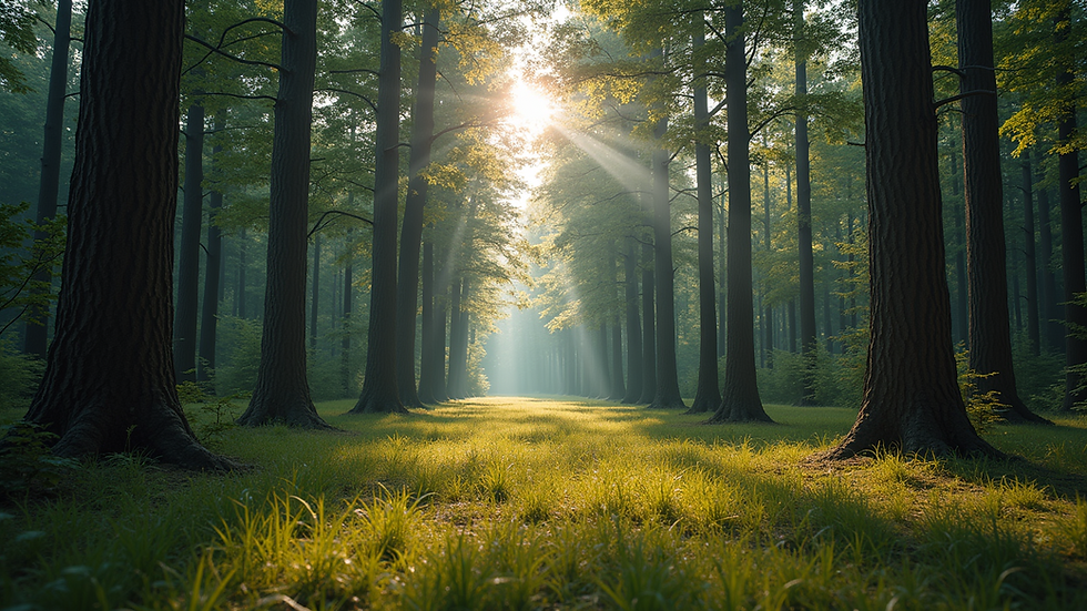 Wide angle view of a peaceful national park surrounded by tall trees