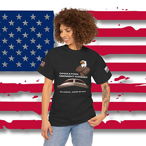 Black tee with a graphic of the front of a B2 Bomber with Operation Midnight Hammer printed above and Go Ahead...Make My Day
