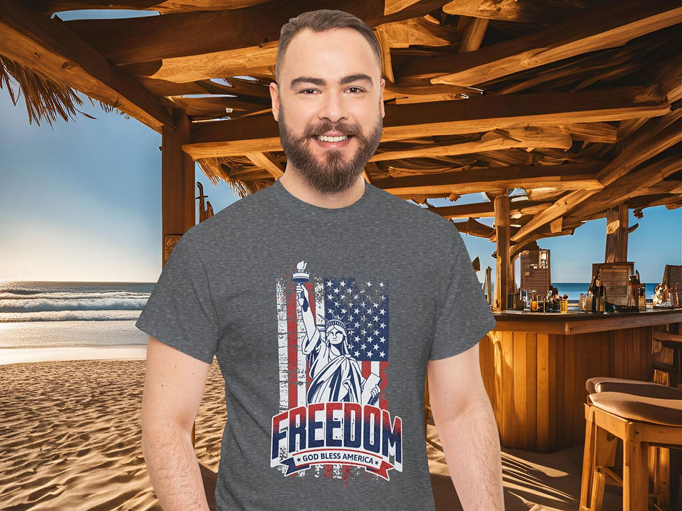 Thumbnail: gray t-shirt with a vertical American flag with the statue of Liberty over lay and a large arching Freedom on the bottom