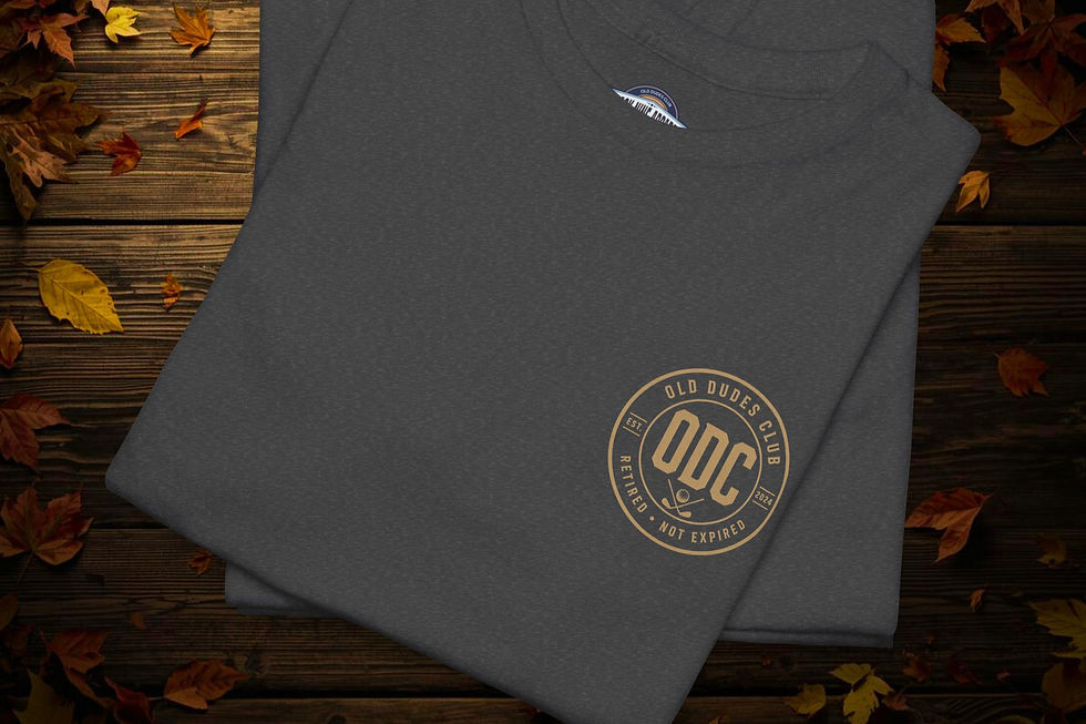 Thumbnail: Folded graphite tee with OLD DUDES CLUB logo in the front left chest