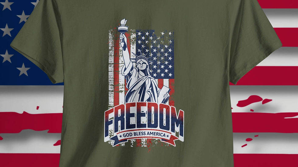 Eye-level view of a folded patriotic tee with an American flag design on a rustic wooden table