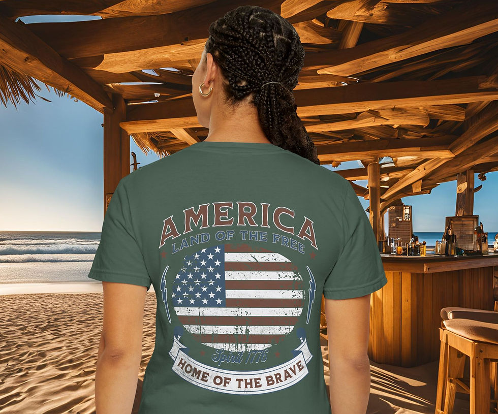 Close-up view of a vibrant graphic of the American flag printed on a T-shirt