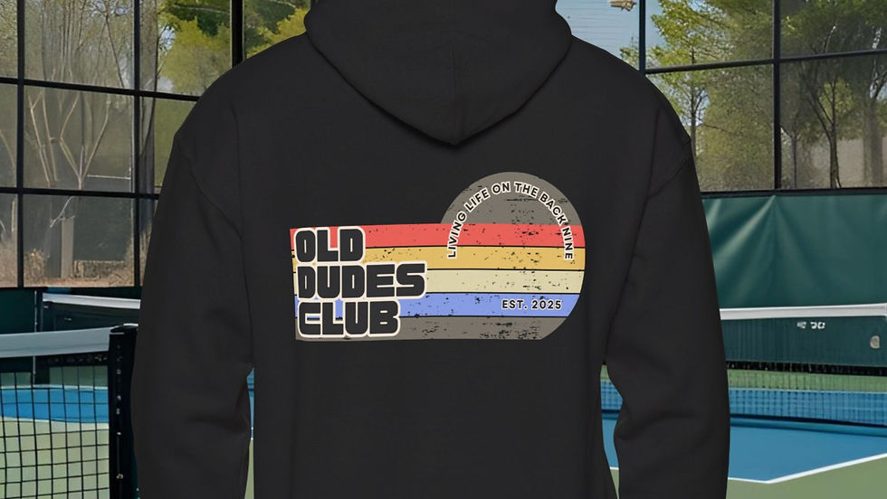 Black hoodie with a colorful five color bars red, yellow, tan, blue, gray with an arching Living Life On The Back Nine
