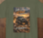 Military Green colored shirt with a dramatic rendering of a Jeep climbing a rocky trail with sunset background