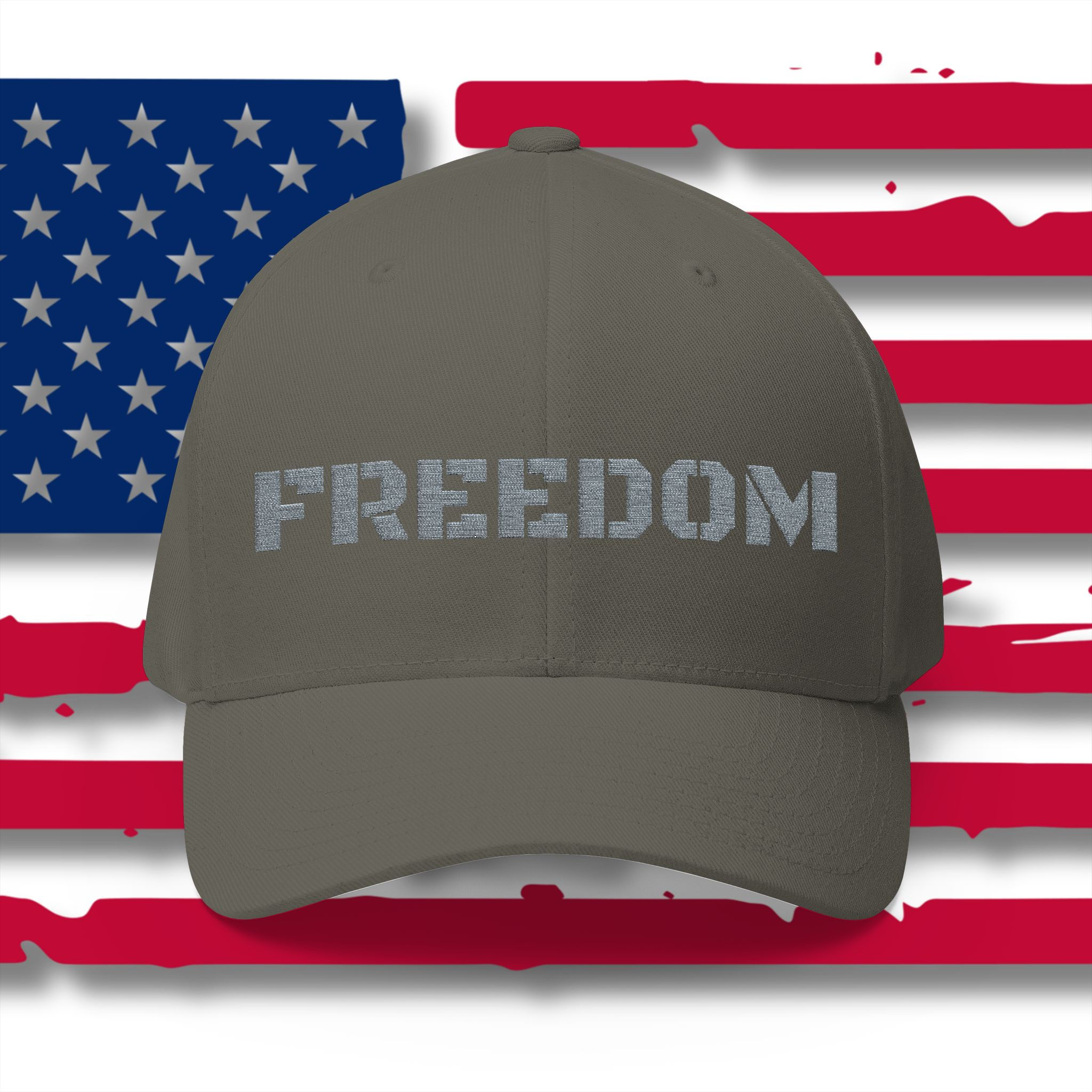 green baseball style cap with FREEDOM in Black Ops font in gray embroidered across the front