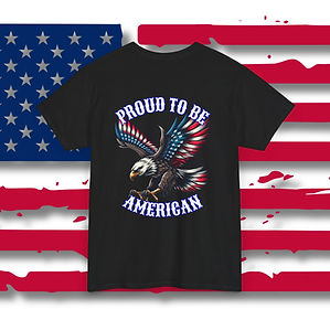 Black tee shirt with an eagle colored like an American flag with Proud to be American Printed on the back