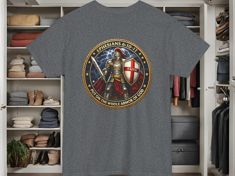 Thumbnail: dark gray tee shirt with a round challenge coin design with Ephesians verses 06:10-17 and an armored knight