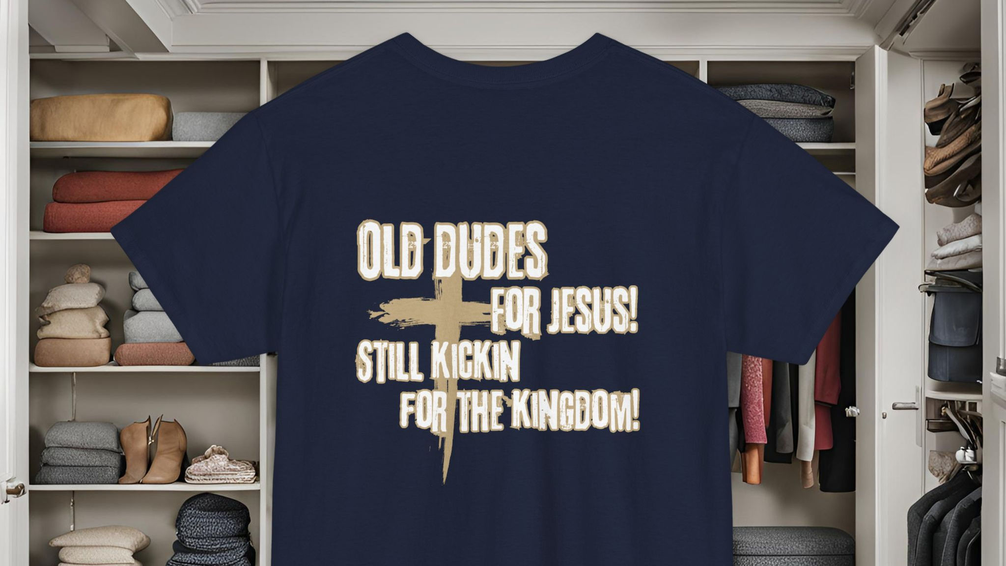 Black tee with Old Dudes for Jesus Still Kickin For The Kingdom in white tan shadow grunge font