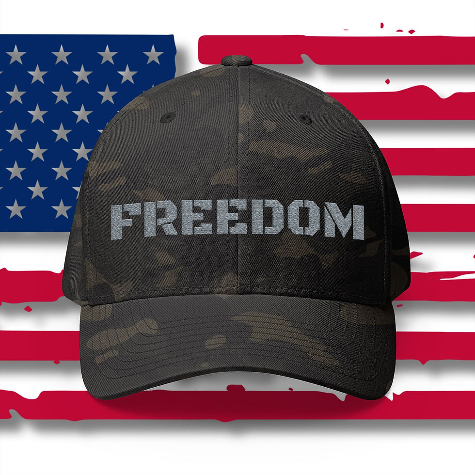Thumbnail: dark camo baseball style cap with FREEDOM in Black Ops font in gray embroidered across the front