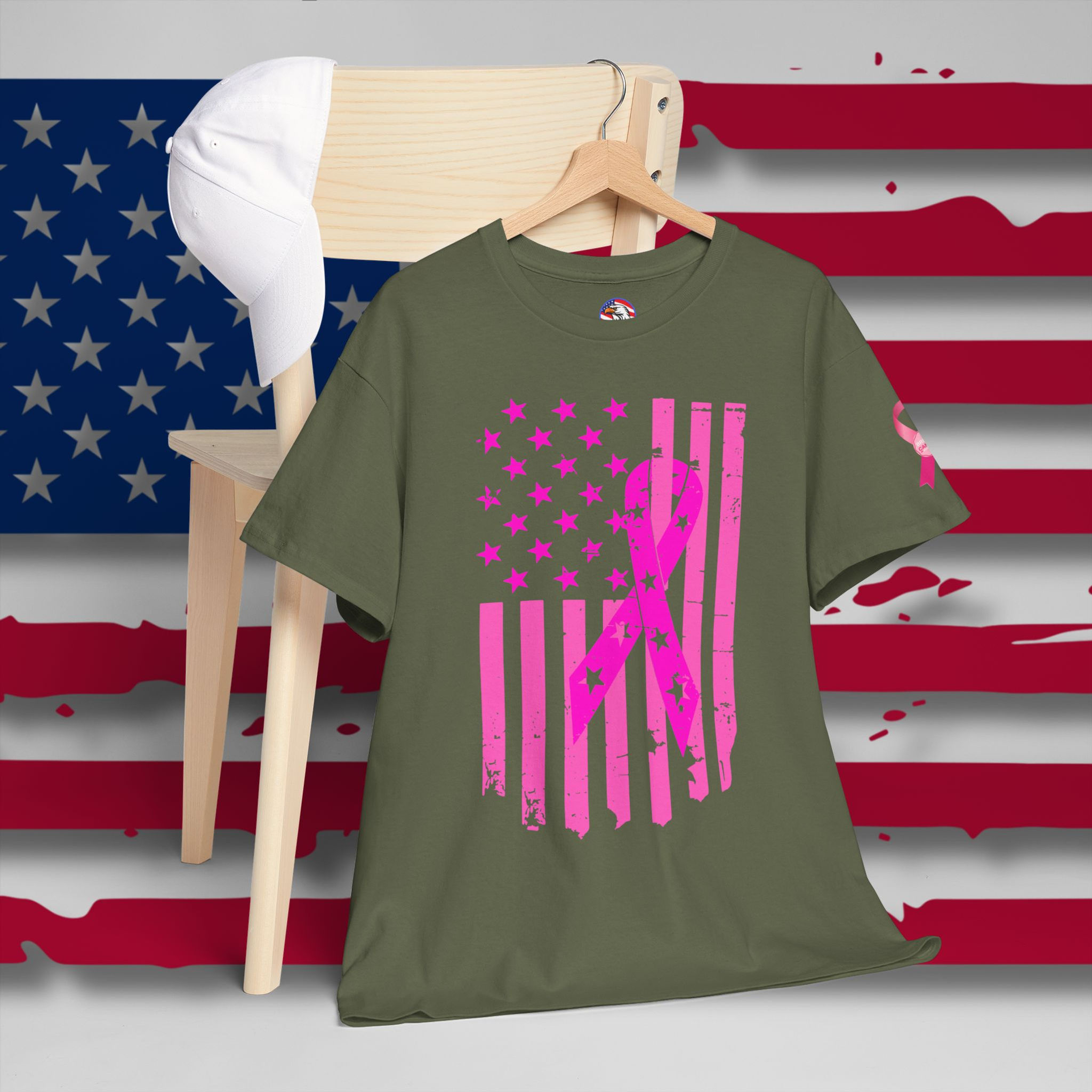 Green tee with pink vertical American flag with a Pink Cancer ribbon