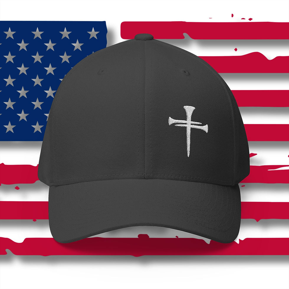 Black baseball style cap with a silver 3 nail cross embroidered on the right side of the front of the hat