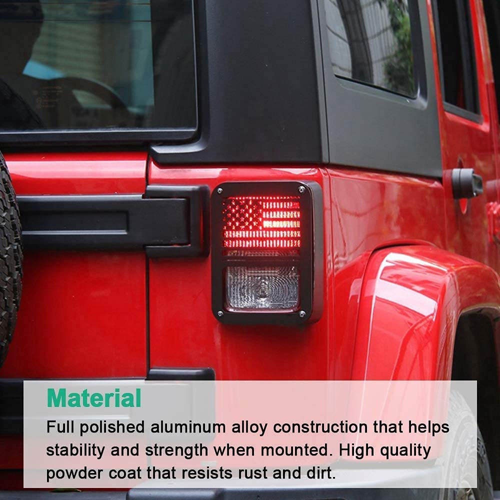 Red Jeep's rear with American flag tail light; Material visible text present.