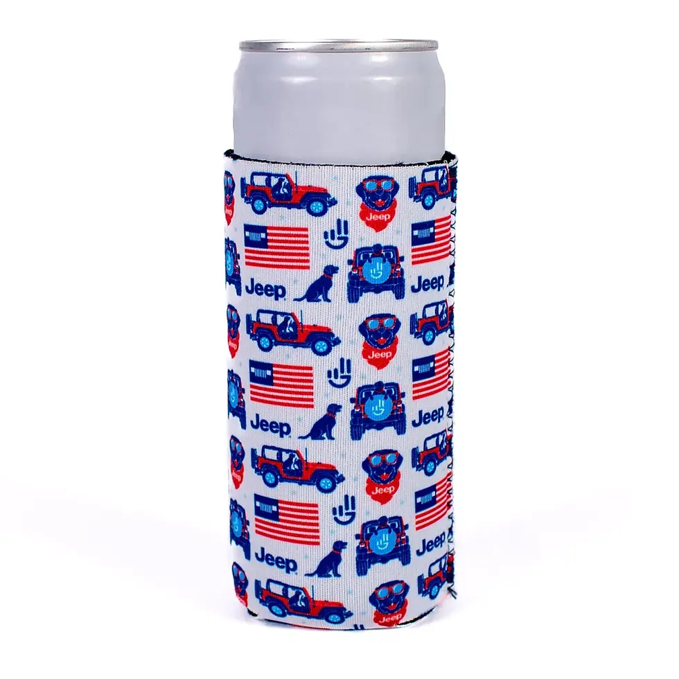 White can koozie with Jeep, flag, and dog graphics, to keep drinks cold.