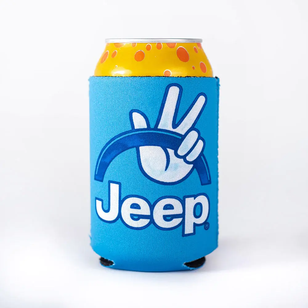 Blue Jeep can cooler, white hand sign, and yellow soda can on white background.