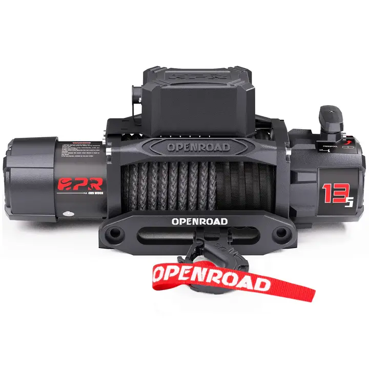 Black OPENROAD winch. ZXR 13K branding with red OPENROAD tag attached.