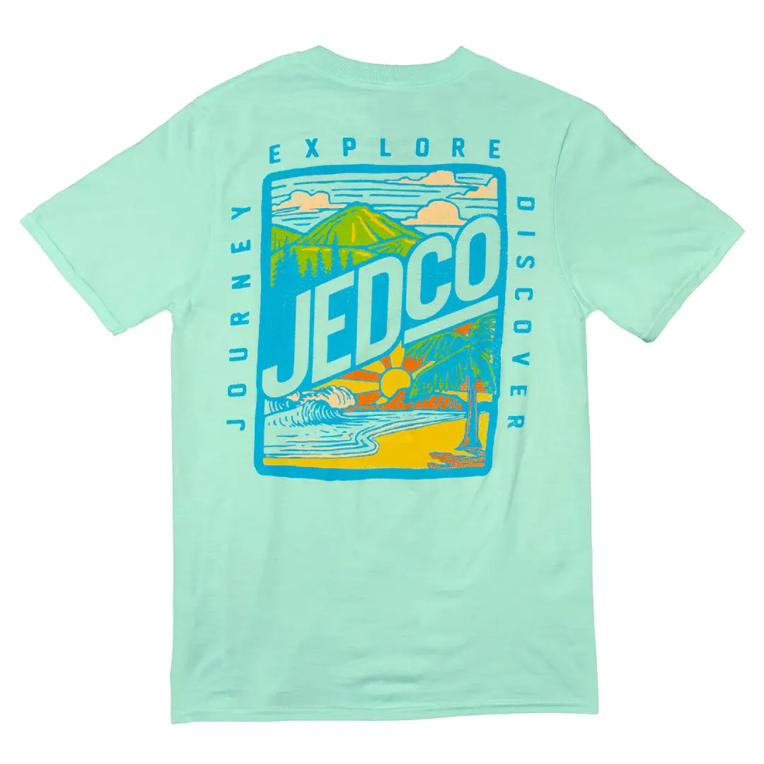 Light green shirt with Jedco graphic: Explore, Journey, Discover and landscape.