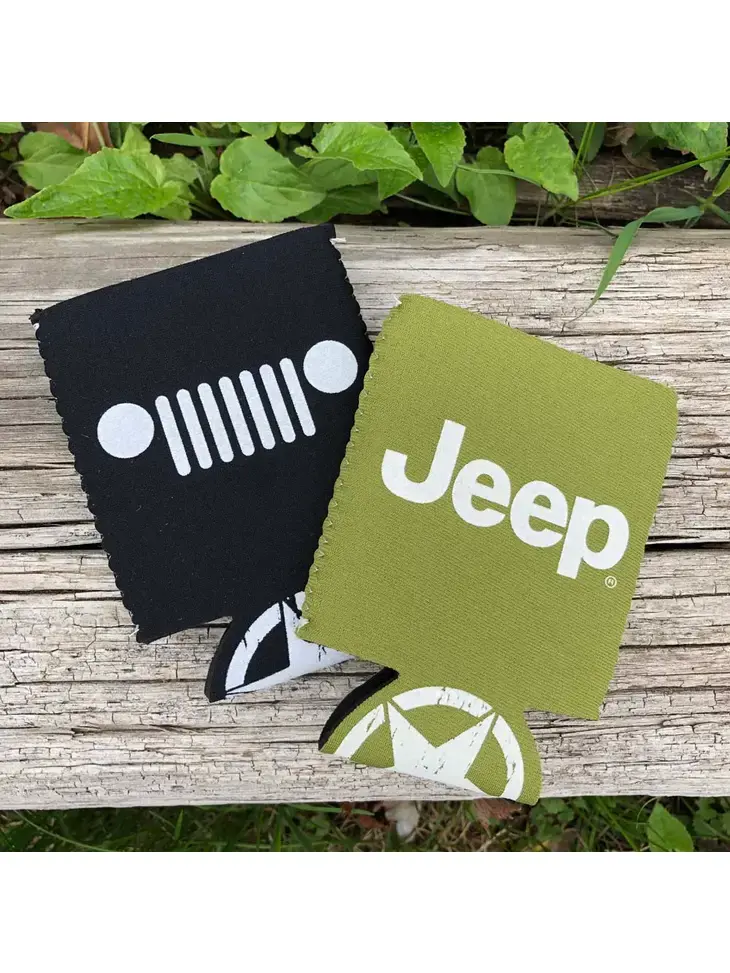 Two Jeep drink koozies with Jeep logo and text on a wooden surface.
