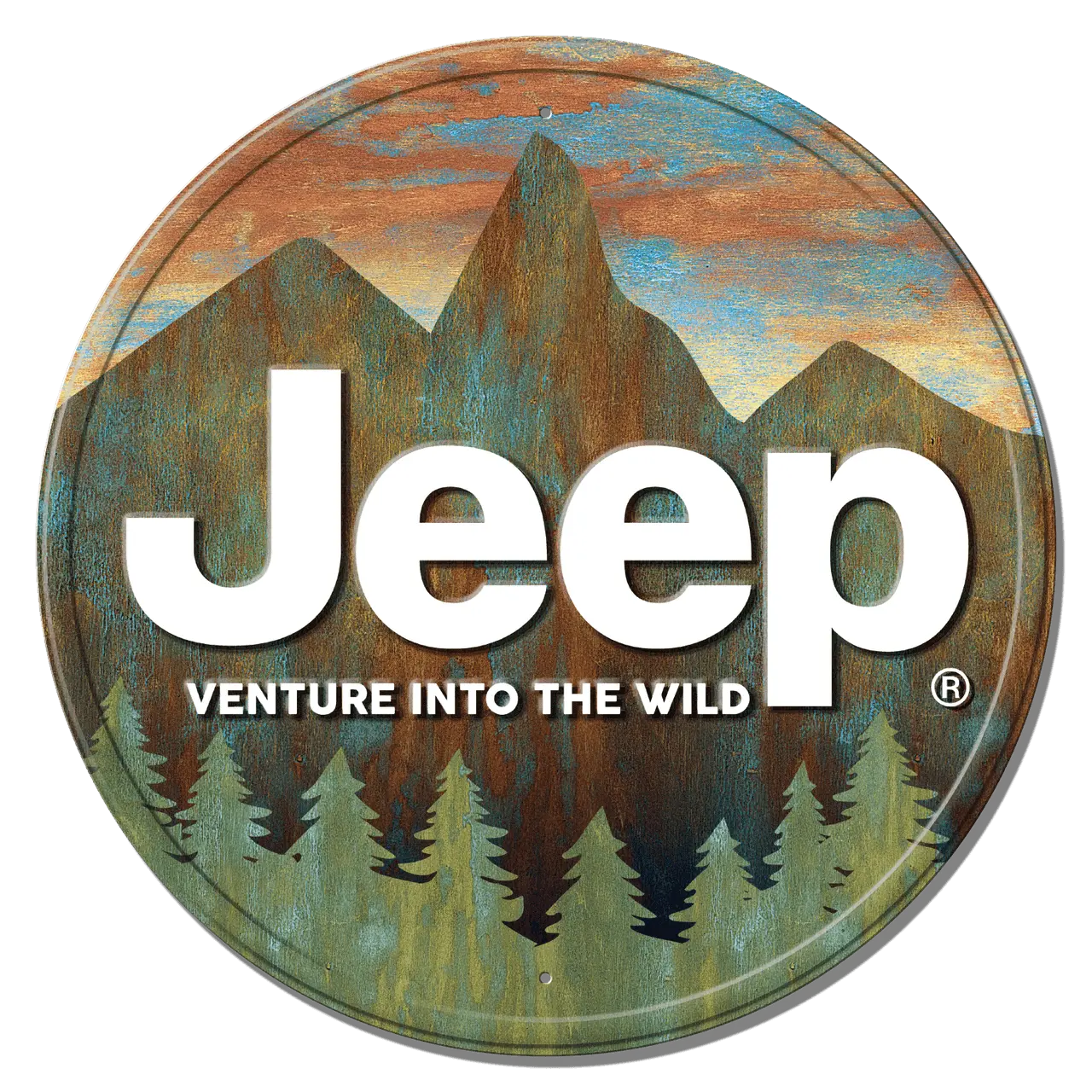 Jeep logo with mountains and text "Venture Into The Wild" on a badge.