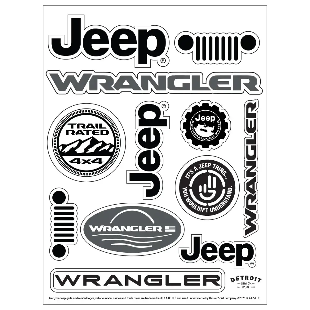 Jeep Wrangler logos and emblems on a white background, Trail Rated 4x4.