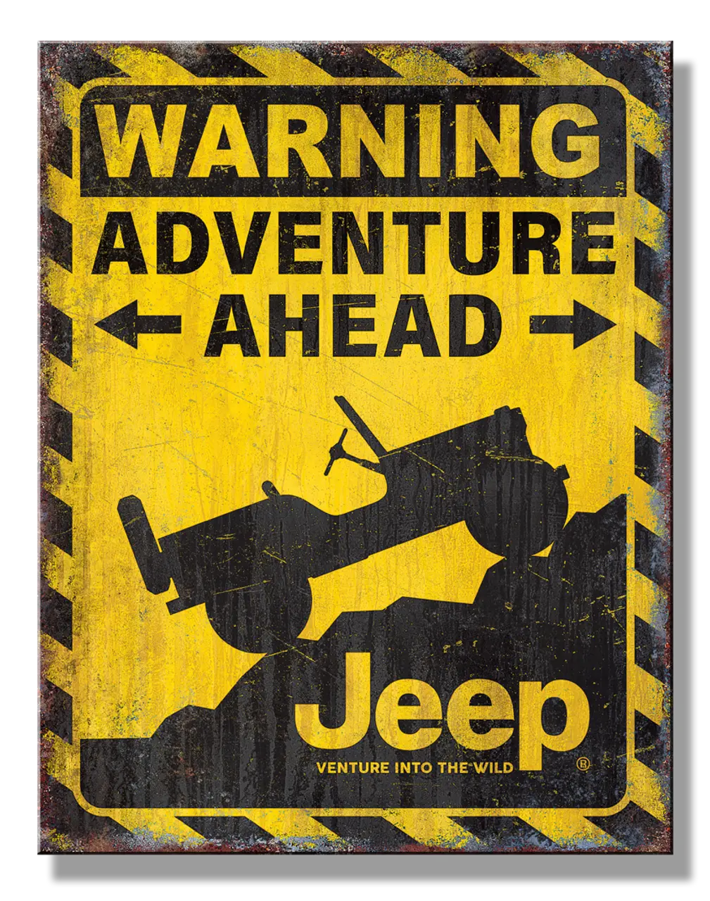 Warning Adventure Ahead sign with a Jeep off-roading, venture into the wild.