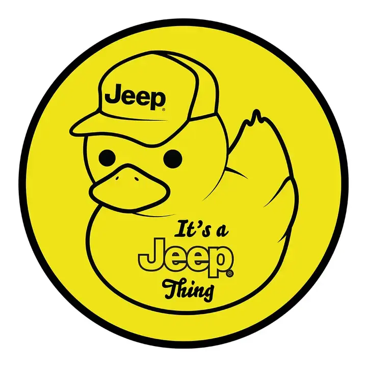 Yellow duck wearing Jeep hat with text: It's a Jeep Thing inside circle.