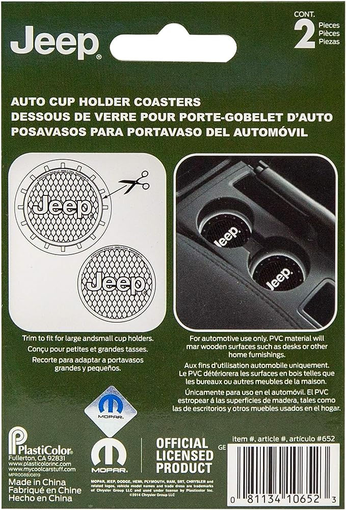 Thumbnail: Jeep auto cup holder coasters, shown with text, and Jeep Shot Glass.