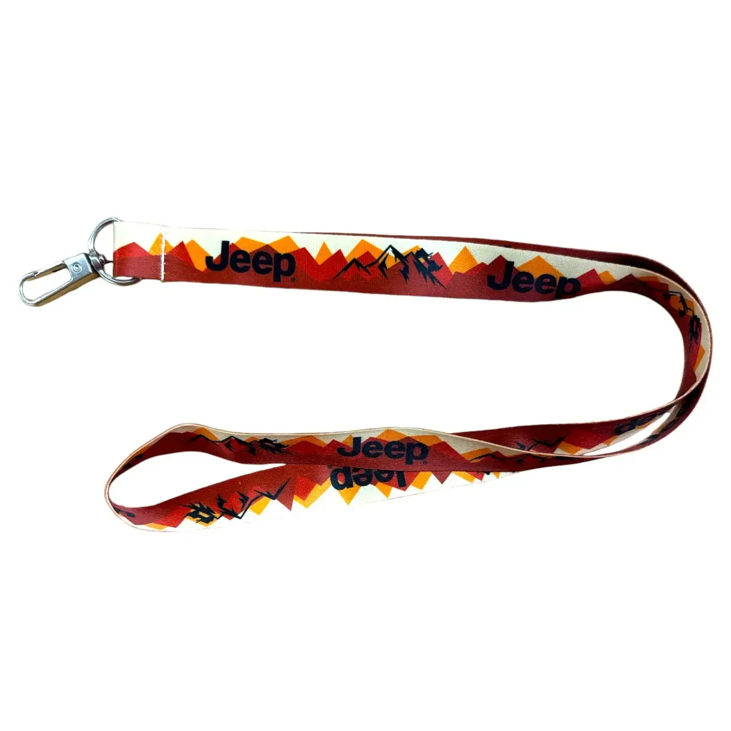 Red Jeep Lanyard with mountains and Jeep text graphic; accessory.