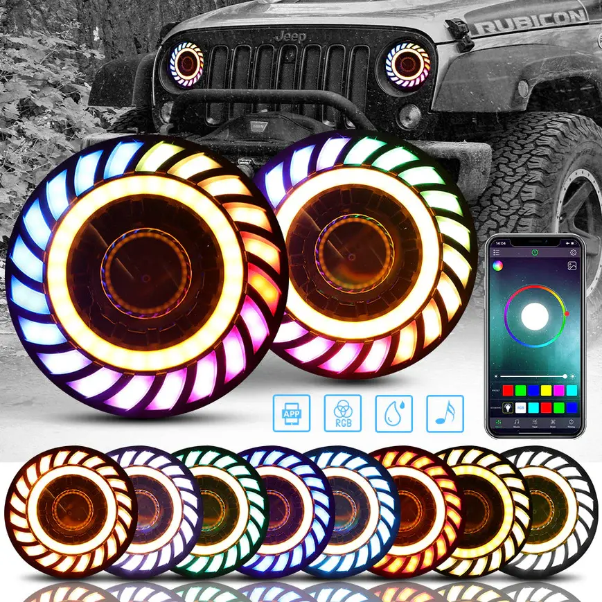 Jeep Wrangler LED headlights with multiple color options and phone app control