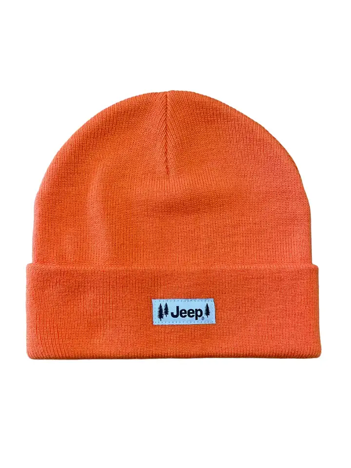 Thumbnail: Orange beanie with Jeep logo, warm winter hat for head protection.
