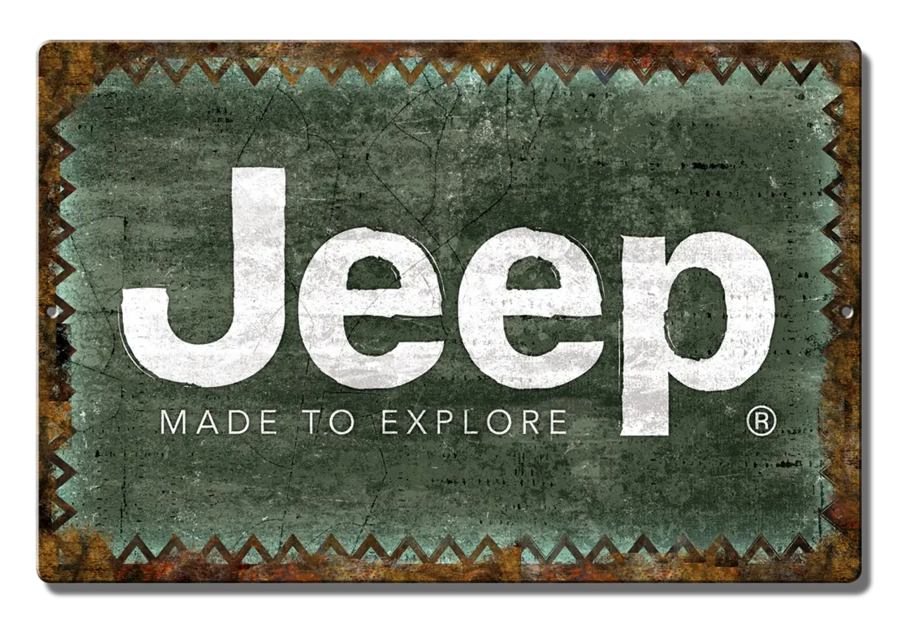 Jeep logo on a green sign, reading: Made to Explore, for advertising.