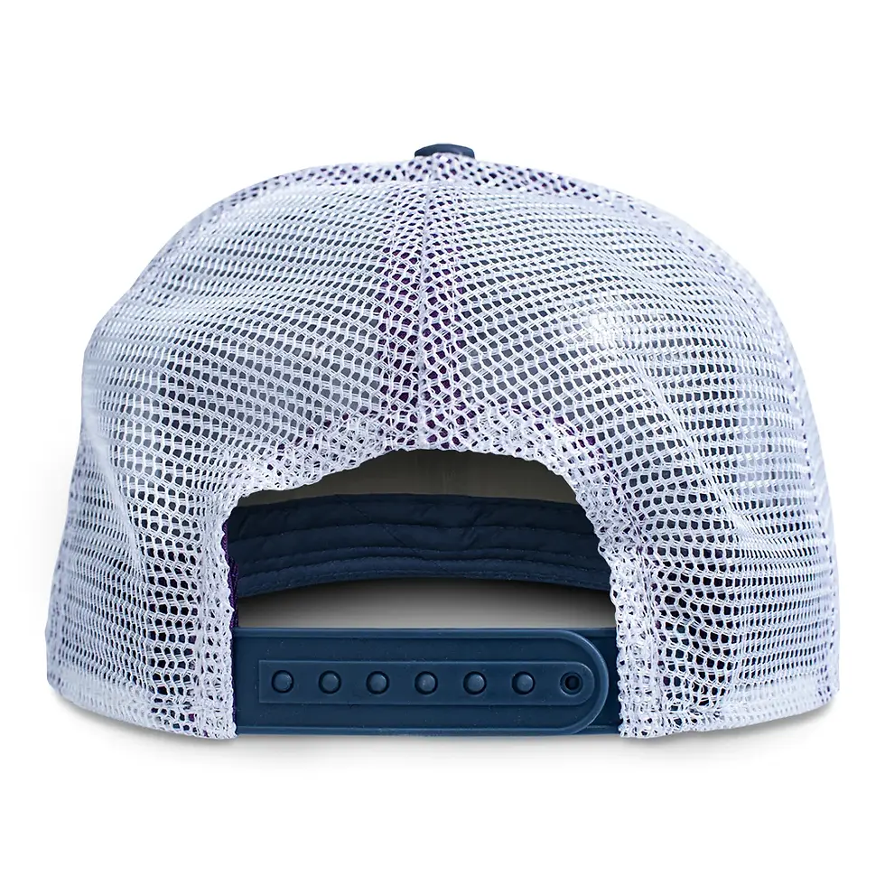 Thumbnail: Navy mesh back hat with adjustable strap, white mesh design detail.