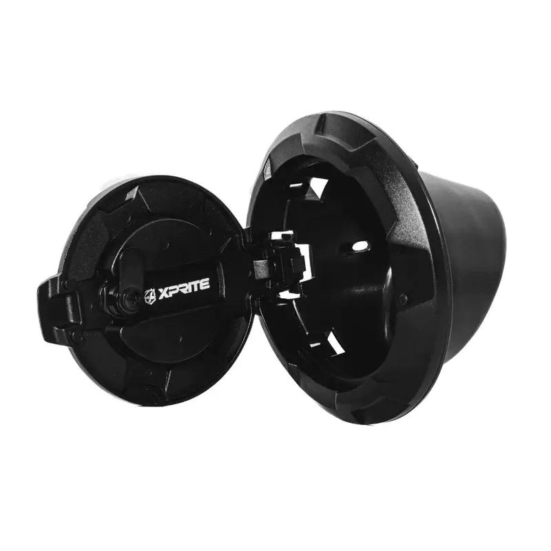 Black fuel door with Xprite logo open, vehicle part accessory detail.