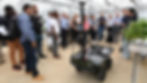 A large group stand in a glasshouse listening to a scientist explain antobot, an autonomous robotic vehicle used in strawberry production, also shown.
