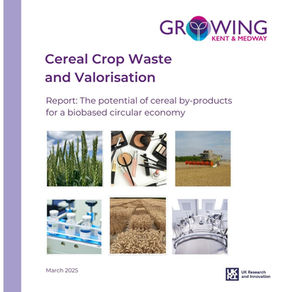 A white report cover with six square images of cereal crops in a field, make-up, cereals being harvested, medicine, and a large fermentation tank.