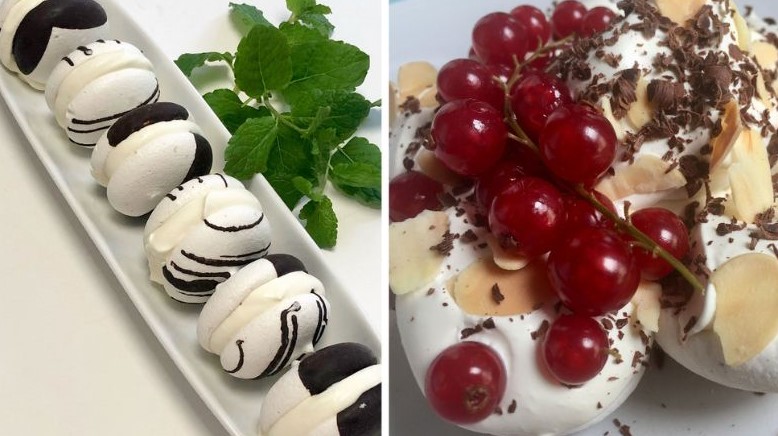 A picture of two of Aleta's dishes using her Veringues (vegan meringue)