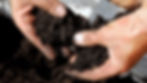 Hands holding clumps of dark, rich soil, with dirt-stained fingers against a blurred garden background in sunlight, conveying a tactile, earthy mood.