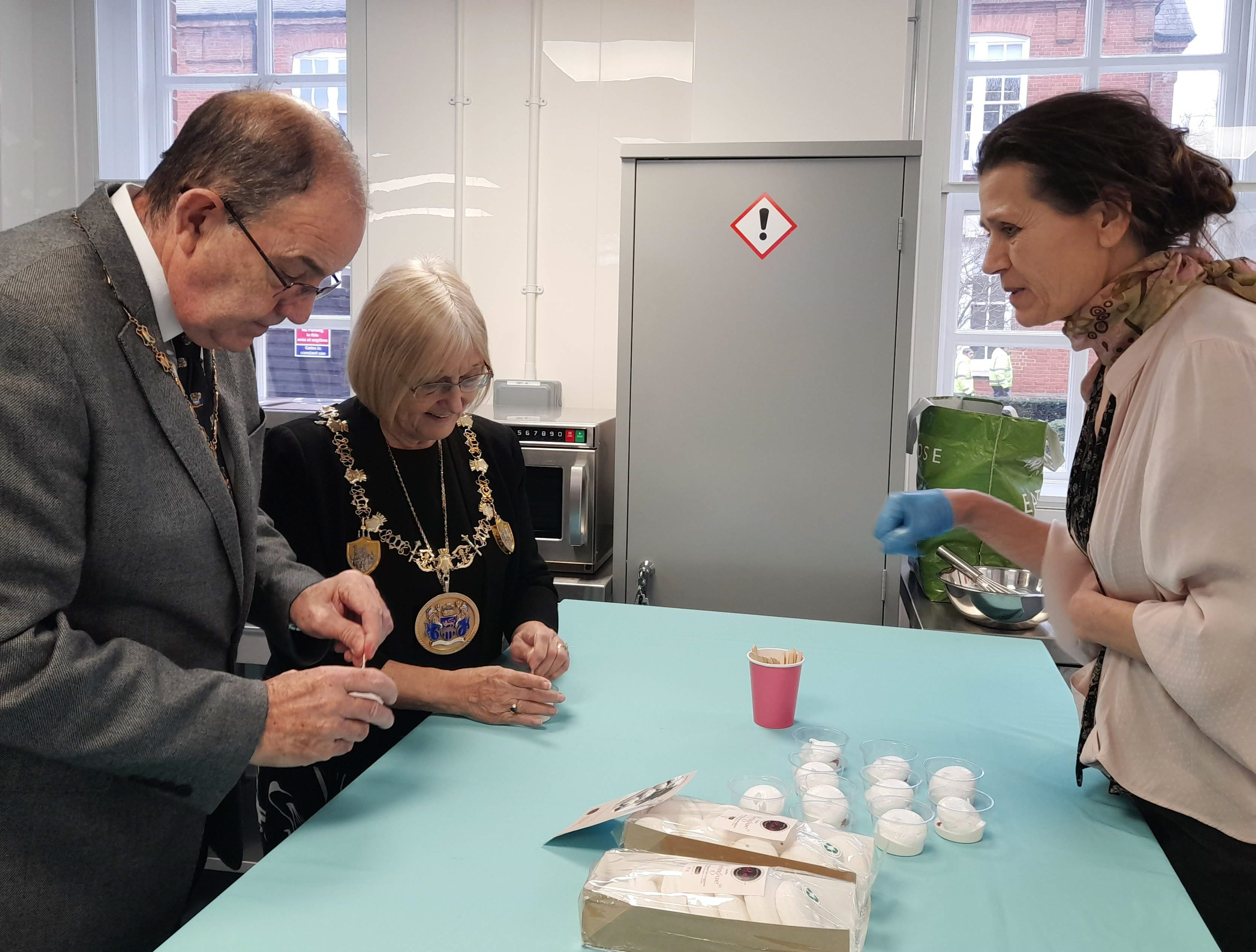 Mayor of Medway tastes vegan meringue created by Aleta Viljoen at Pink Potato