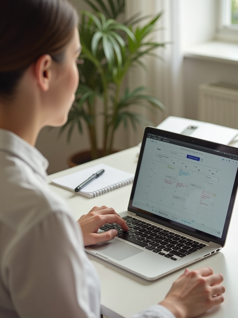 detail shot person updating digital calendar laptop soft daylight clean workspace minimal styling warm tones