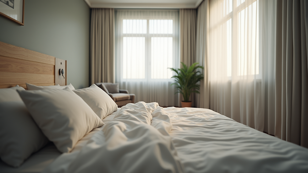 Eye-level view of a modern apartment room with a neatly made bed