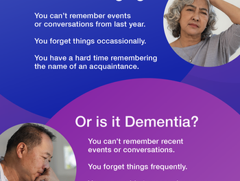A venn diagram showcasing the difference between normal aging and dementia.