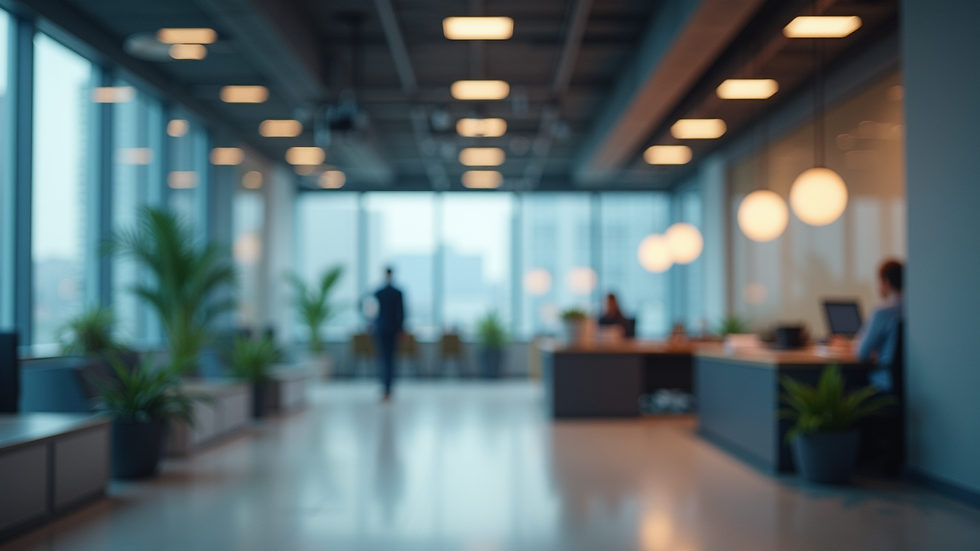 Vista frontal de una oficina moderna con pantallas mostrando datos financieros