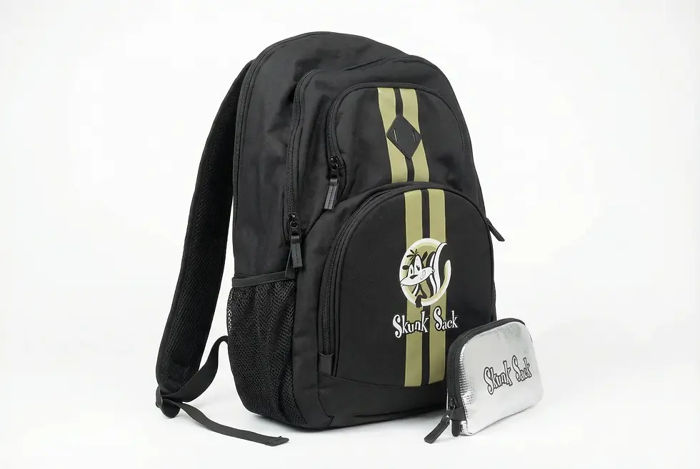 Black backpack with green stripes and a skunk logo, paired with a small silver pouch, both labeled "Skunk Sack" on a white background.