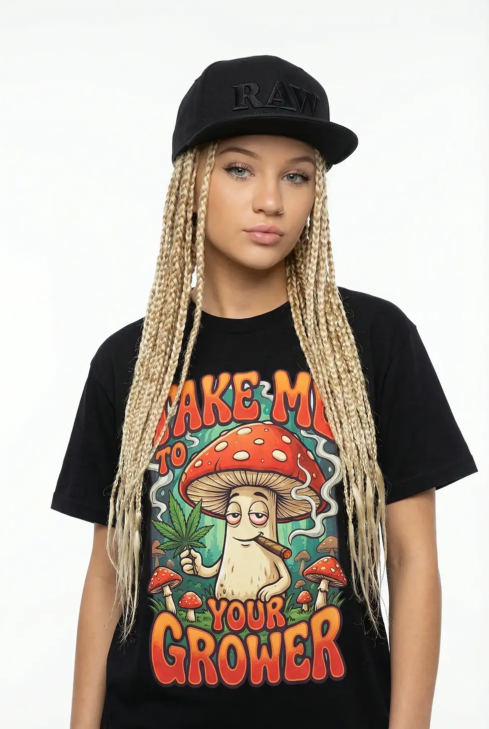Person with braided hair wears a black cap and T-shirt with a mushroom cartoon and text "Take Me to Your Grower" on a white background.