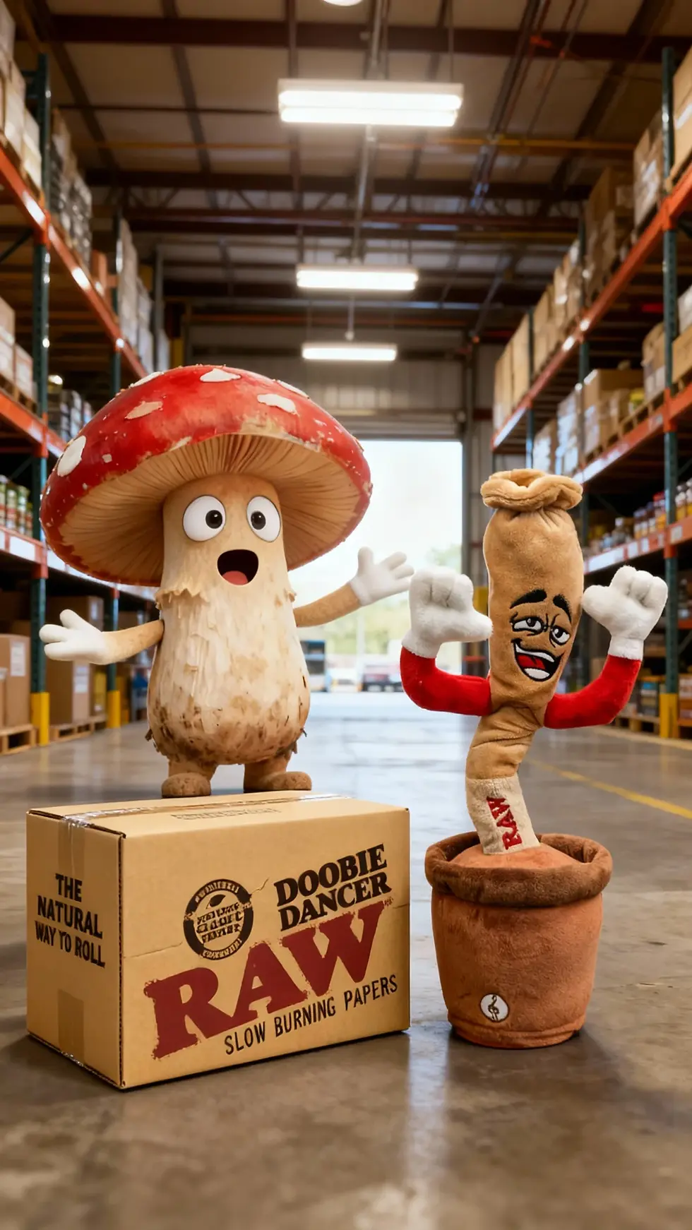 Anthropomorphic mushroom and joint mascots in a warehouse near RAW sign. The joint emerges from packaging marked "Doobie Dancer." Playful mood.