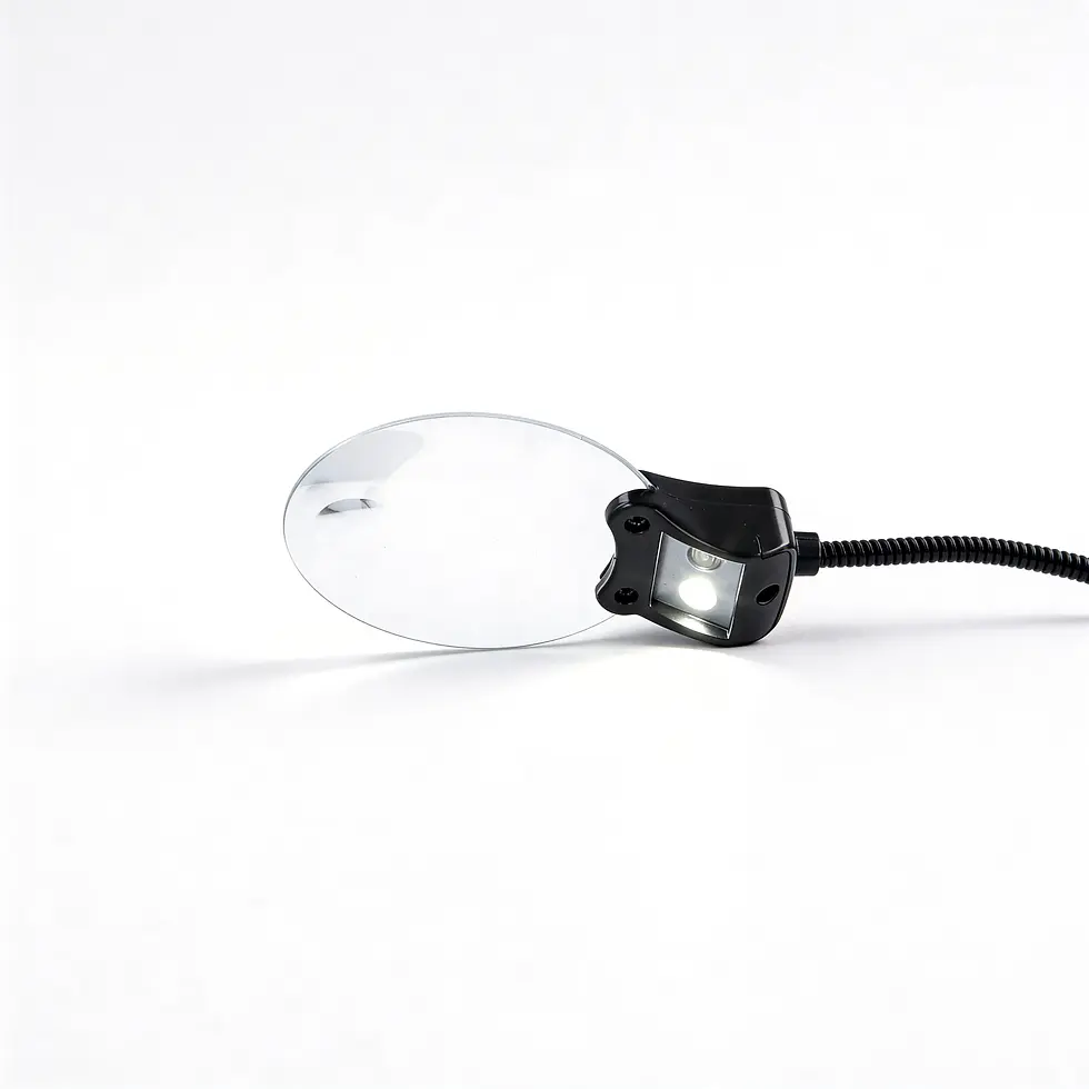 Flexible magnifying glass with LED light on a white background. Black frame and coiled stand; lens is oval and clear.