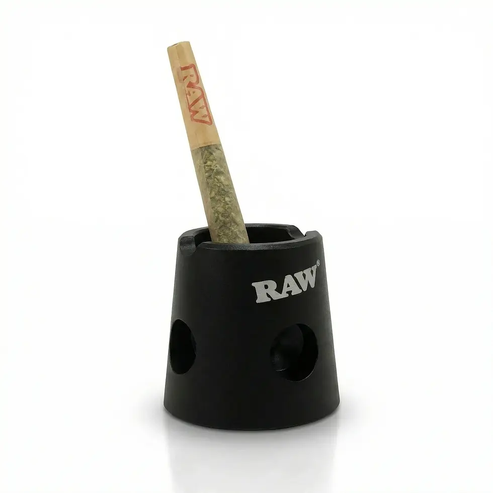 Black cone holder with "RAW" logo, holds a partially filled paper cone. White background, simple and clean aesthetic.