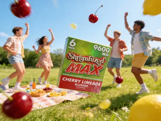A vibrant product display of Shrumfuzed MAX gummies in a park setting, perfect for summer lifestyle enthusiasts at Red Eye Fenton smoke shop